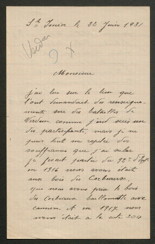 Témoignage de Prêtre, Alexis (Caporal) et correspondance avec Jacques Péricard