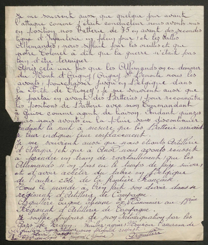 Témoignage de Arguillière, Eugène Etienne (Maréchal des logis - Canonnier - Agent de liaison) et correspondance avec Jacques Péricard