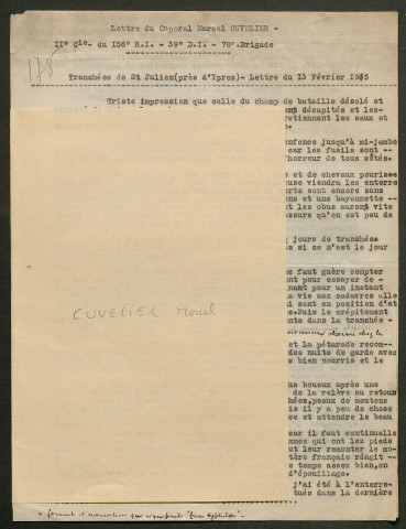 Témoignage de Cuvelier, Marcel (Caporal) et correspondance avec Jacques Péricard