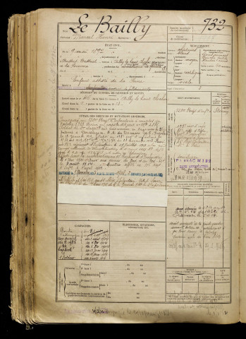 Le Bailly, Marcel Henri, né le 09 mai 1892, classe 1912, matricule n° 732, Bureau de recrutement d'Abbeville