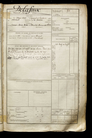 Delafosse, Marcel Stanislas, né le 07 mai 1895 à Quesnel (Le) (Somme), classe 1915, matricule n° 71, Bureau de recrutement de Péronne