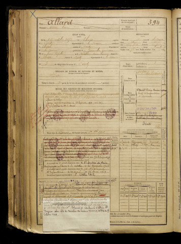 Allard, Omer Henri, né le 15 octobre 1878 à Thoix (Somme), classe 1898, matricule n° 394, Bureau de recrutement d'Amiens