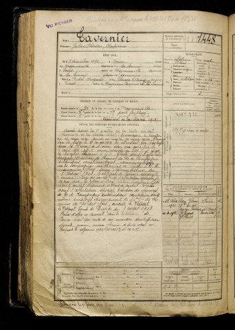 Tavernier, Julien Théodore Charles, né le 08 décembre 1898 à Tours-en-Vimeu (Somme), classe 1918, matricule n° 1448, Bureau de recrutement d'Amiens