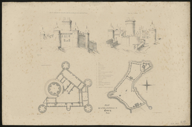 Plan de la ville et du château de Coucy. (Picardie). Vue du château de Coucy du côté du nord, façade de la salle des Preux. Face de l'entrée
