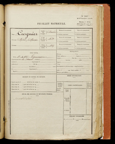 Crognier, Michel Maurice, né le 01 octobre 1897 à Vignacourt (Somme), classe 1917, matricule n° 430, Bureau de recrutement d'Amiens