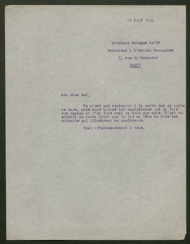 Témoignage de Gaudy, Georges et correspondance avec Jacques Péricard