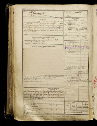 Choquet, Julien, né le 09 mai 1897 à Beaumont-Hamel (Somme), classe 1917, matricule n° 1464, Bureau de recrutement d'Amiens
