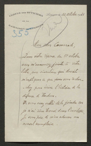 Témoignage de Tharaud, Henri Marie Louis (Capitaine) et correspondance avec Jacques Péricard