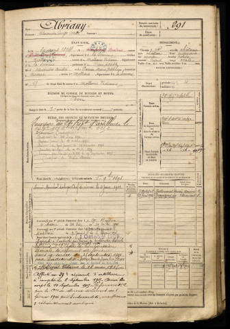 Abriany, Alexandre Georges Oscar, né le 30 avril 1874 à Amiens (Somme), classe 1894, matricule n° 291, Bureau de recrutement d'Amiens