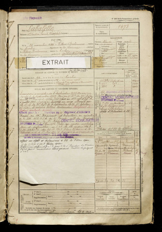 Labalette, André Louis Théophile, né le 26 novembre 1896 à Villers-Bretonneux (Somme), classe 1916, matricule n° 1473, Bureau de recrutement d'Amiens