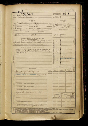 Pessina, Antoine François, né le 29 août 1878 à Nice (Alpes-Maritime), classe 1898, matricule n° 1213, Bureau de recrutement de Péronne