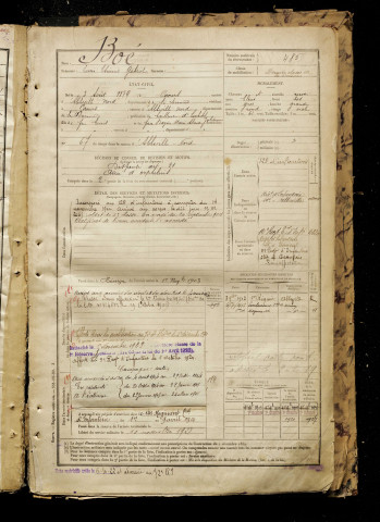 Boé, Louis Etienne Gabriel, né le 03 août 1879 à Caours (Somme), classe 1899, matricule n° 485, Bureau de recrutement d'Abbeville