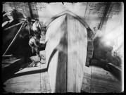 Saint-Quentin. Vue d'un cintre recevant le montage d'une voûte en arc brisé de la basilique