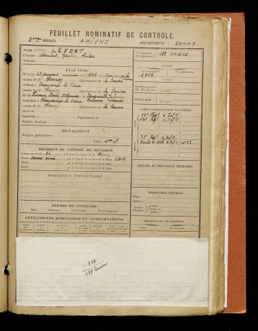 Lefort, Martial Gaston Victor, né le 28 janvier 1897 à Beaucamps-le-Vieux (Somme), classe 1917, matricule n° 188, Bureau de recrutement d'Amiens