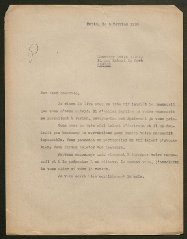 Témoignage de Taveau, Emile et correspondance avec Jacques Péricard