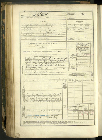 Lalaut, Charles Henri, né le 20 mai 1861 à Saint-Mard (Somme, France), classe 1881, matricule n° 150, Bureau de recrutement Péronne