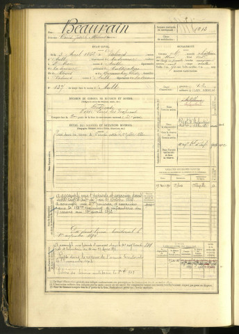 Beaurain, Clovis Joseph Alphonse, né le 3 avril 1862 à Valines (Somme, France), classe 1882, matricule n° 1213, Bureau de recrutement d'Abbeville