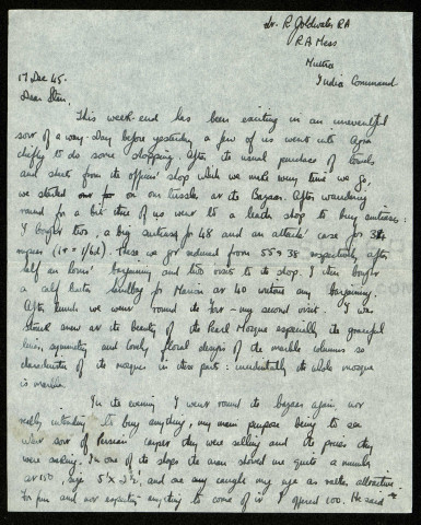 Lt R. Goldwater RA, RA Mess MUTTRA, India Command, 17 Dec. 45 : lettre de Raymond Goldwater à son frère Stan