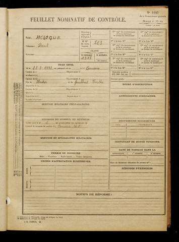 Acloque, Paul, né le 23 septembre 1893 à Amiens (Somme), classe 1913, matricule n° 523, Bureau de recrutement d'Amiens
