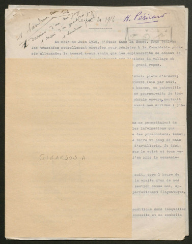 Témoignage de Girardon, A. et correspondance avec Jacques Péricard