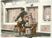 Devant le bureau de poste : le facteur partant pour sa tournée en cyclomoteur (recto). Place du marché : les villageois s'afférant devant l'étal d'un marchand ambulant (verso)