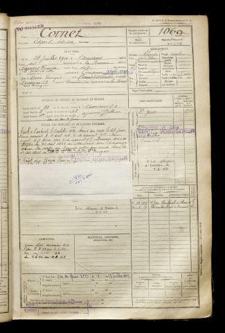 Cornet, Edgard Adrien, né le 28 juillet 1900 à Amiens (Somme), classe 1920, matricule n° 1069, Bureau de recrutement d'Amiens