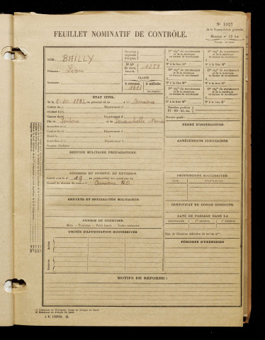 Bailly, Léon, né le 13 septembre 1893 à Amiens (Somme), classe 1913, matricule n° 1259, Bureau de recrutement d'Amiens