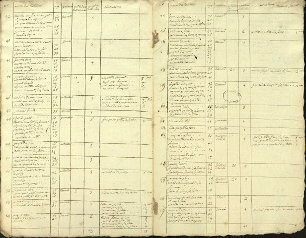 Tableau contenant les noms, prénoms, âge et profession de tous les habitants au dessus de l'âge de 12 ans de la commune de Tully, 30 floréal an IV