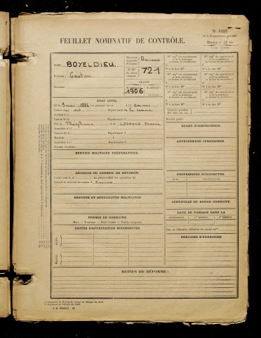 Boyeldieu, Gaston, né le 03 mai 1886 à Amiens (Somme), classe 1906, matricule n° 721, Bureau de recrutement d'Amiens