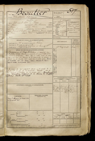 Broutier, Christophe Adrien Eugène, né le 22 avril 1892 à Vron (Somme), classe 1912, matricule n° 517, Bureau de recrutement d'Abbeville