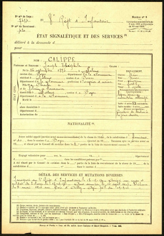 Calippe, Joseph Théophile, né le 26 septembre 1895 à Saleux (Somme), classe 1915, matricule n° 420, Bureau de recrutement d'Amiens