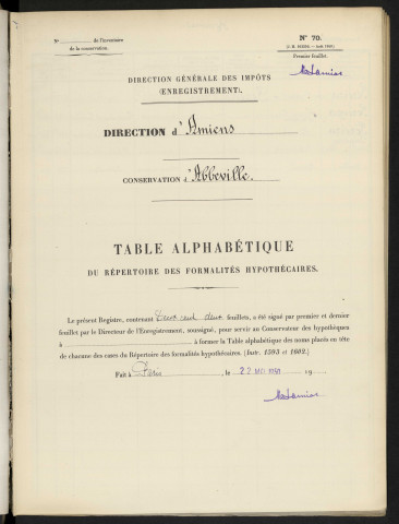 Table alphabétique du répertoire des formalités, de Percira à Perveau, registre n° 109/1 (Abbeville)