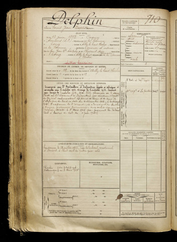 Delphin, Louis Jean Baptiste, né le 13 juin 1892 à Cagny (Somme), classe 1912, matricule n° 710, Bureau de recrutement d'Abbeville