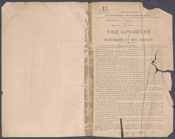 Table des successions et absences du bureau de Péronne