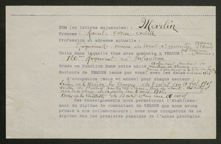 Témoignage de Marlin, Raoul (Adjudant - Maire de Mont-Saint-Quentin près de Péronne) et correspondance avec Jacques Péricard