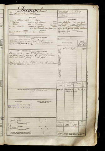Dumont, Alexandre Fernand Théophile, né le 08 mars 1895 à Caix (Somme), classe 1915, matricule n° 181, Bureau de recrutement de Péronne