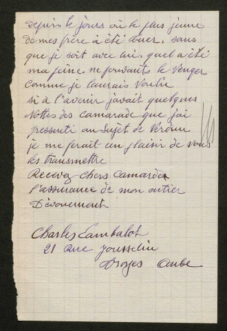 Témoignage de Cambalot, Charles et correspondance avec Jacques Péricard