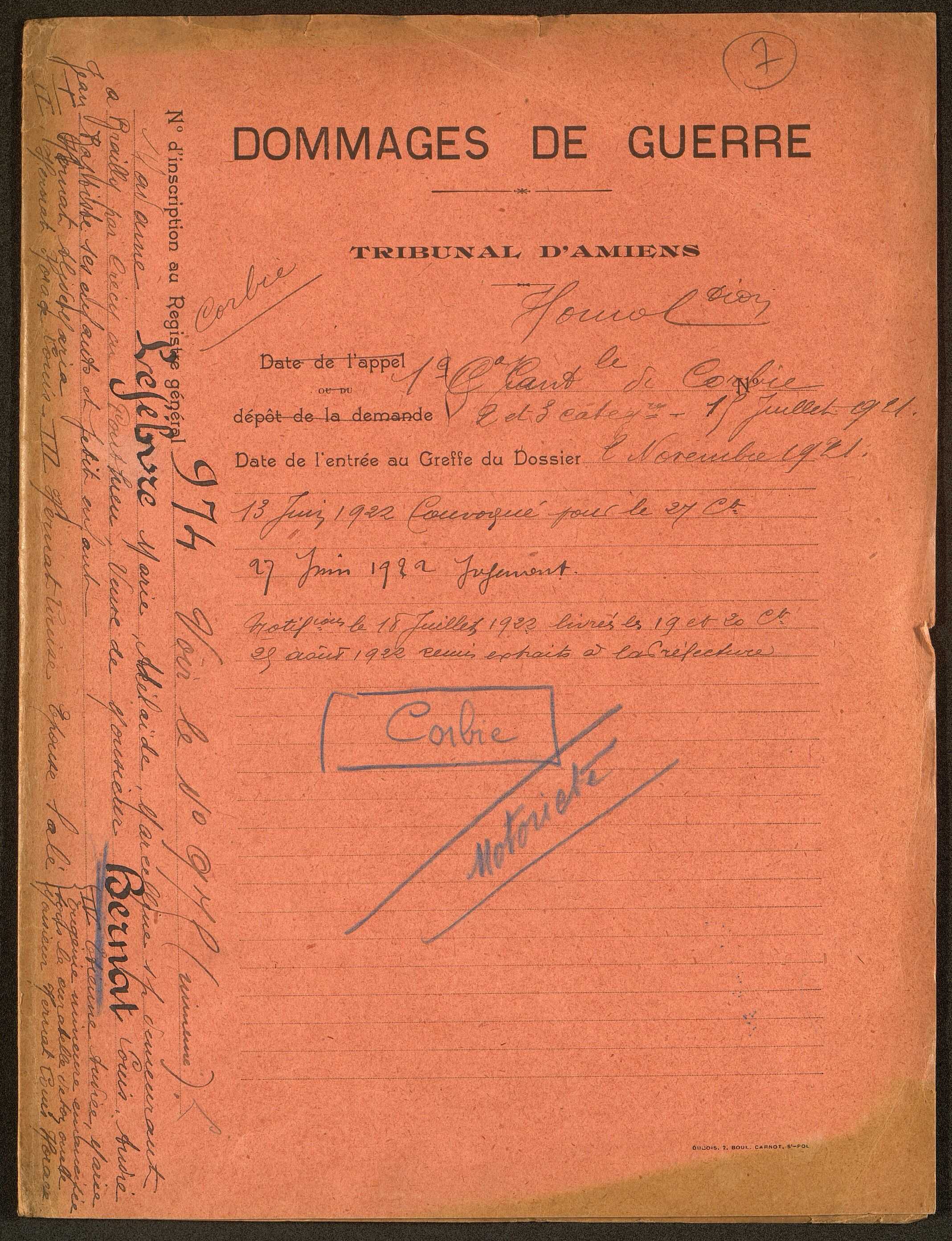 Corbie. Demande d'indemnisation des dommages de guerre : dossier Bernat