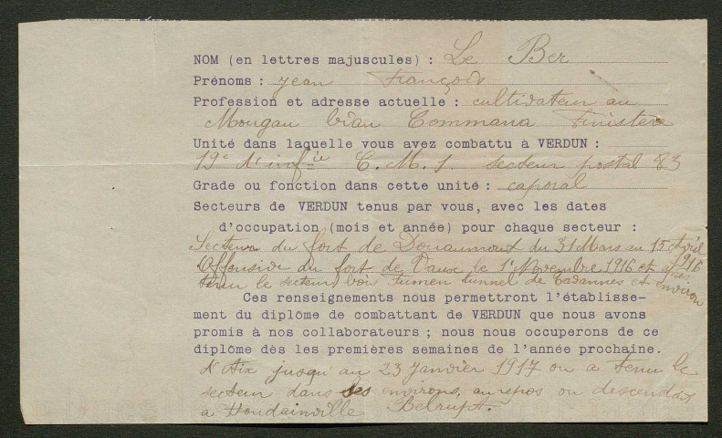 Témoignage de Le Ber, Jean (Caporal) et correspondance avec Jacques Péricard