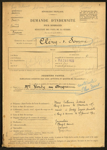 Cléry-sur-Somme. Demande d'indemnisation des dommages de guerre : dossier Verdy-Duquenne