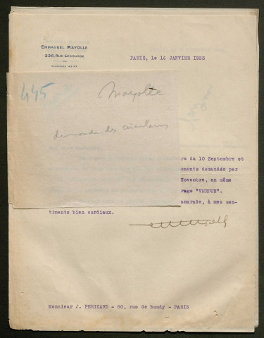 Témoignage de Mayolle, Emmanuel et correspondance avec Jacques Péricard