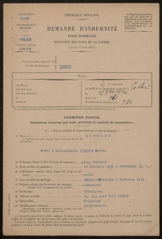 Corbie. Demande d'indemnisation des dommages de guerre : dossier Richard Léon, Edouard