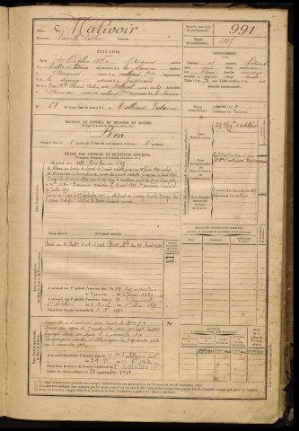Malivoir, Camille Zéphir, né le 01 octobre 1867 à Airaines (Somme), classe 1887, matricule n° 991, Bureau de recrutement d'Amiens
