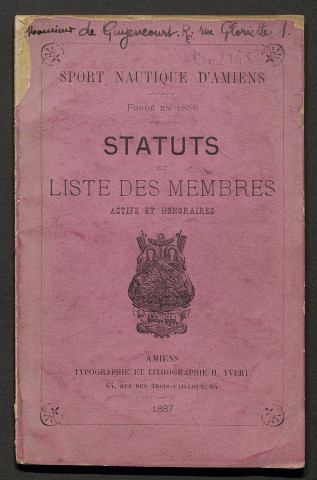 Sport nautique d'Amiens fondé en 1866. Statuts et liste des membres actifs et honoraires