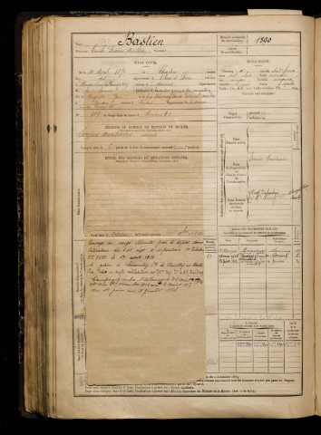 Bastien, Emile Frédéric Aurélien, né le 11 avril 1872 à Chartres (Eure-et-Loir), classe 1892, matricule n° 1390, Bureau de recrutement d'Amiens