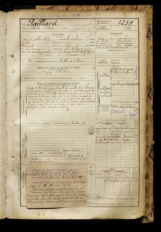 Paillard, Claude Frédéric, né le 25 juillet 1879 à Lons-le-Saunier (Jura), classe 1899, matricule n° 1259, Bureau de recrutement d'Amiens