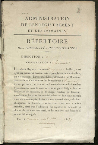 Répertoire des formalités hypothécaires, du 05/06/1819 au 12/10/1819, registre n° 083 (Péronne)