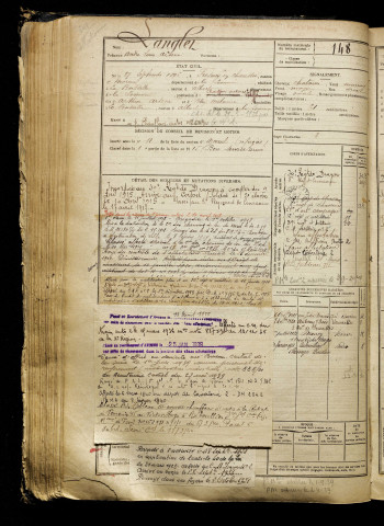 Langlet, André Louis Arsène, né le 27 septembre 1896 à Fresnoy-en-Chaussée (Somme), classe 1916, matricule n° 148, Bureau de recrutement de Péronne