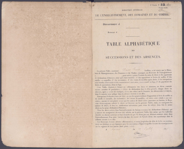 Table des successions et absences du bureau de Roisel