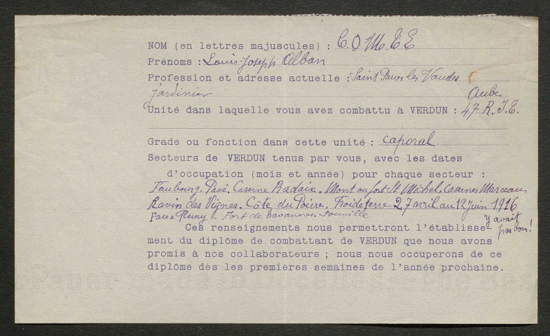 Témoignage de Comte, Alban et correspondance avec Jacques Péricard